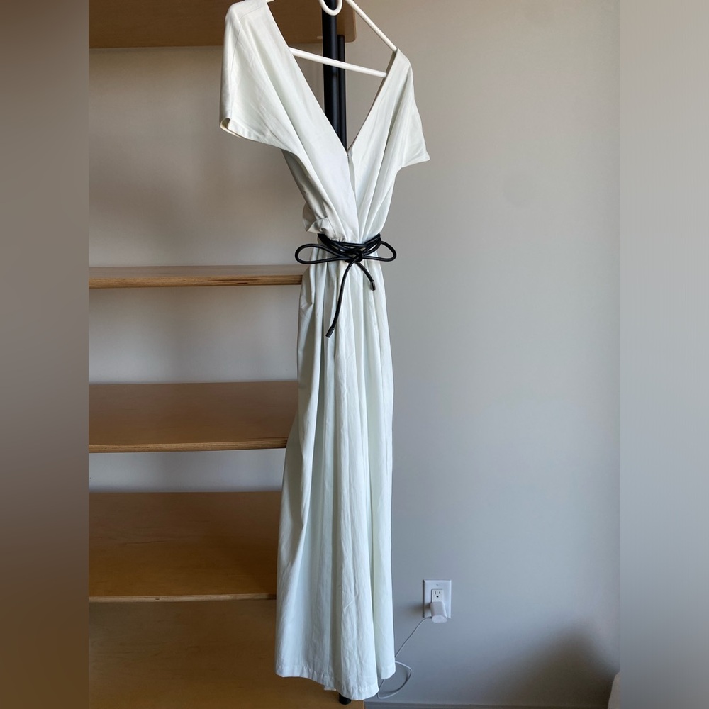 ADAY Cream Wrap Midi Dress with Black Tie